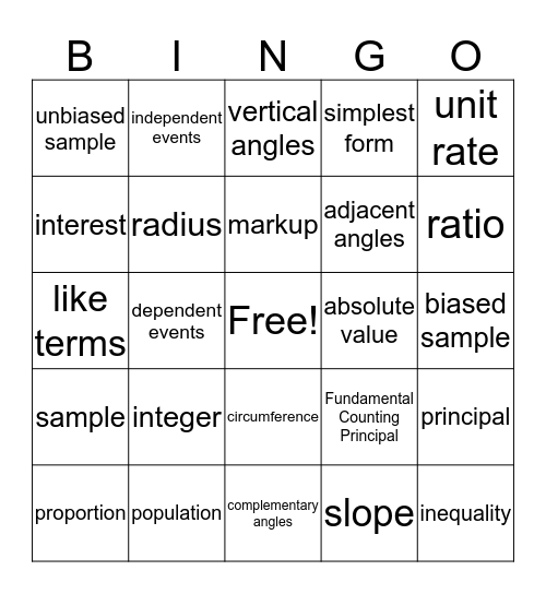 Math Vocab Bingo Card