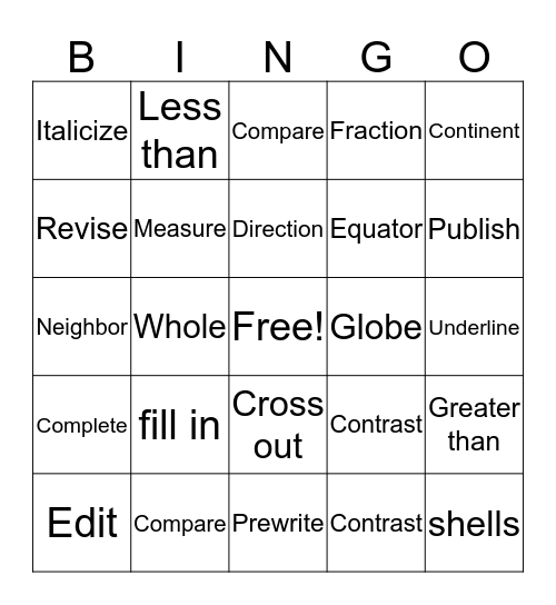 Academic Vocabulary  Bingo Card