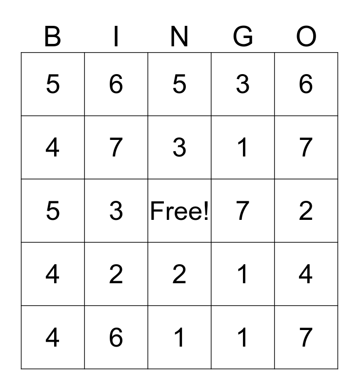 ADDITION +1 Bingo Card
