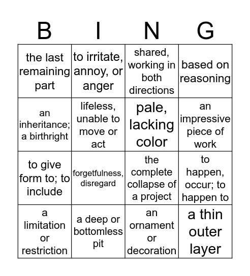 vocabulaury Bingo Card