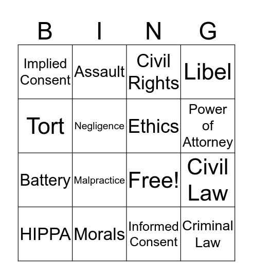 Law and Ethics  Bingo Card