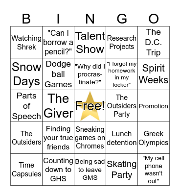 MIDDLE SCHOOL BINGO Card