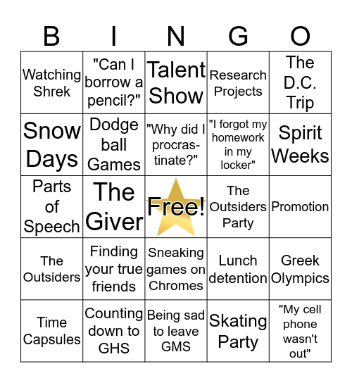 MIDDLE SCHOOL BINGO Card