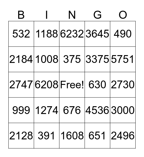 2 Digit Multiplication Bingo Card