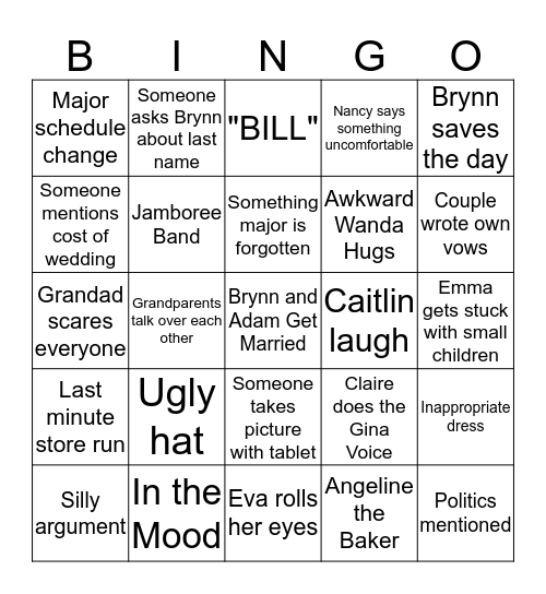 Brynn and Adam's Wedding Bingo Card