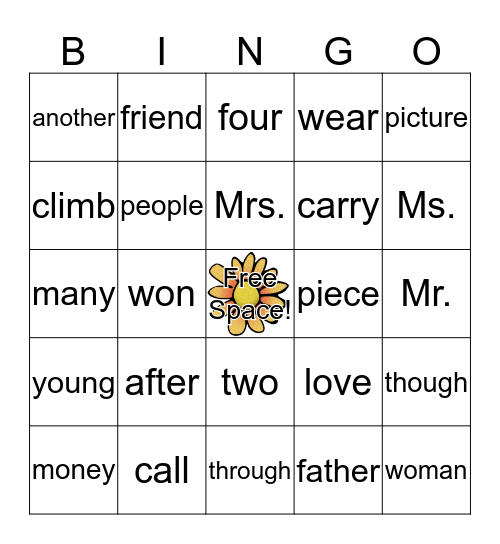 Sight Word Bingo Card