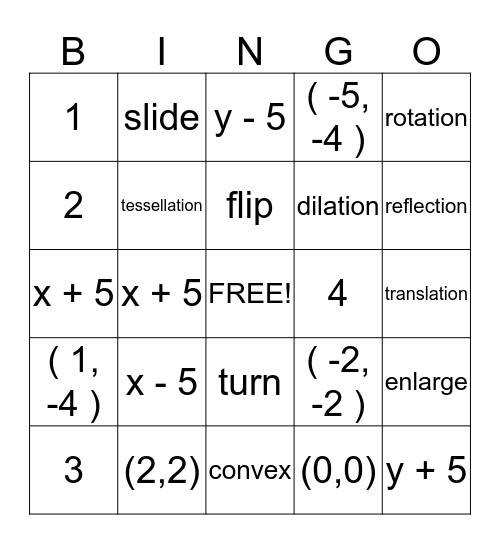 Transformations Bingo Card