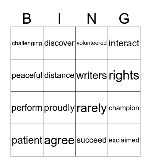 2nd Grade Unit 5 Vocabulary Bingo Card