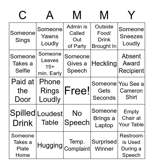 Cammy Awards Bingo Card