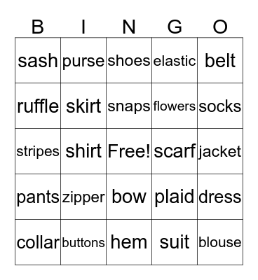 Clothes Bingo Card