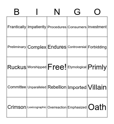 Frindle Vocabulary Bingo Card