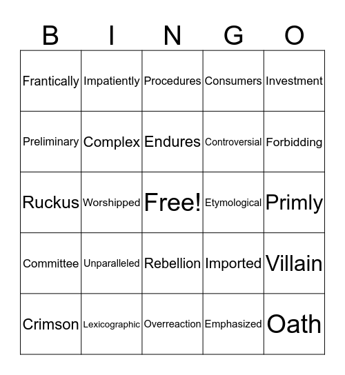 Frindle Vocabulary Bingo Card