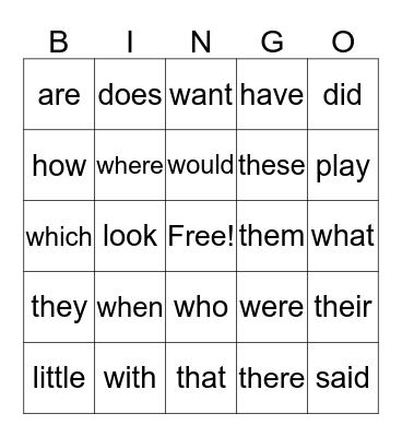 Sight Words Bingo Card