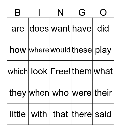 Sight Words Bingo Card
