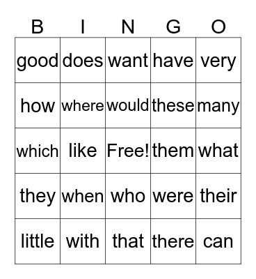 Sight Words Bingo Card