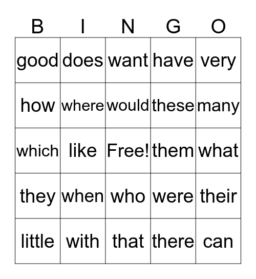 Sight Words Bingo Card