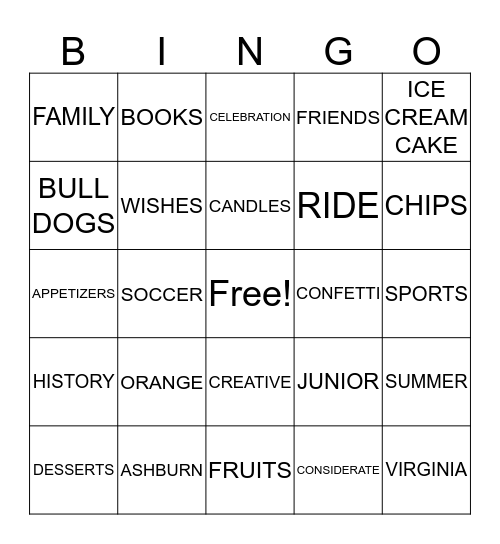 Shrey's 17th Birthday Bingo Card