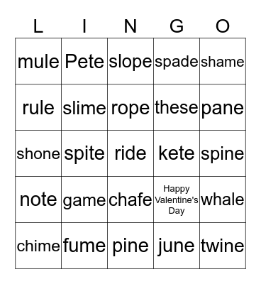 Magic e! Bingo Card