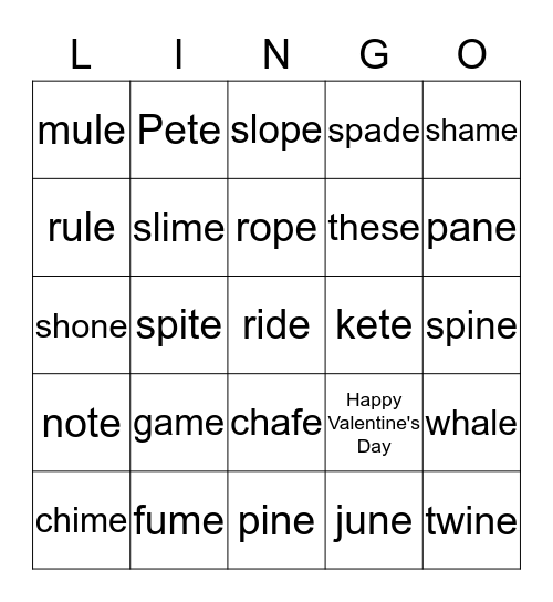 Magic e! Bingo Card