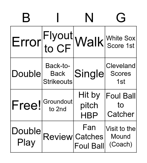 Sox vs Cleveland Bingo Card
