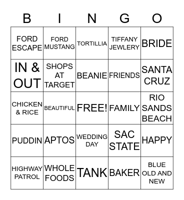 Katie's Bridal Bingo Card