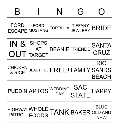 Katie's Bridal Bingo Card