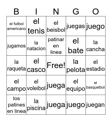 Jugar and Sports vocab Bingo Card