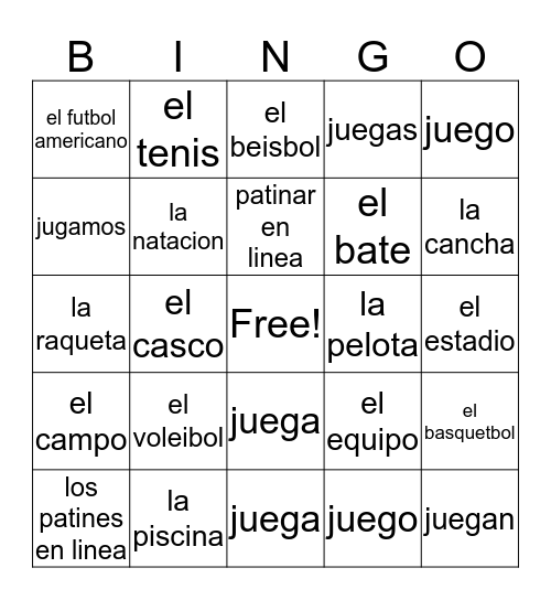 Jugar and Sports vocab Bingo Card