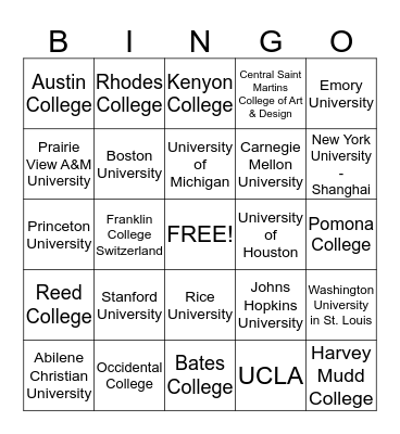 University Bingo!!!! Bingo Card
