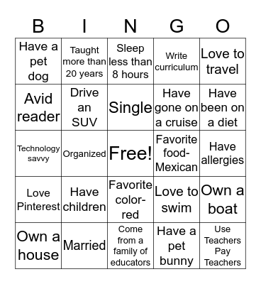 Getting to Know You!! Bingo Card