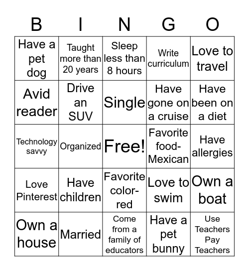 Getting to Know You!! Bingo Card