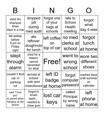 Stressed School Nurse Bingo Card