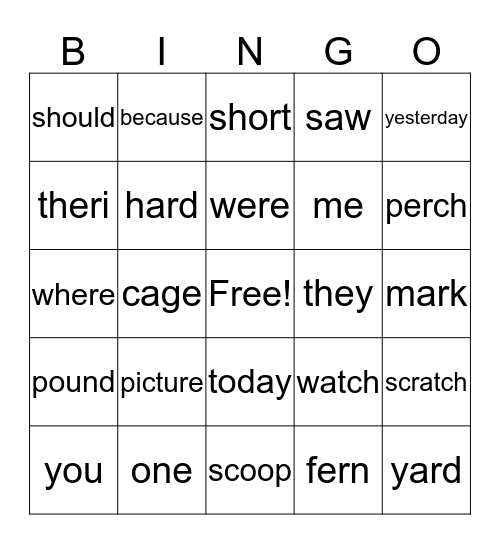 Tricky Word Bingo Card