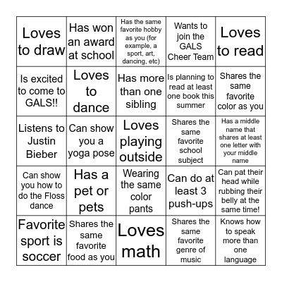 GALS New Friend Bingo! Bingo Card