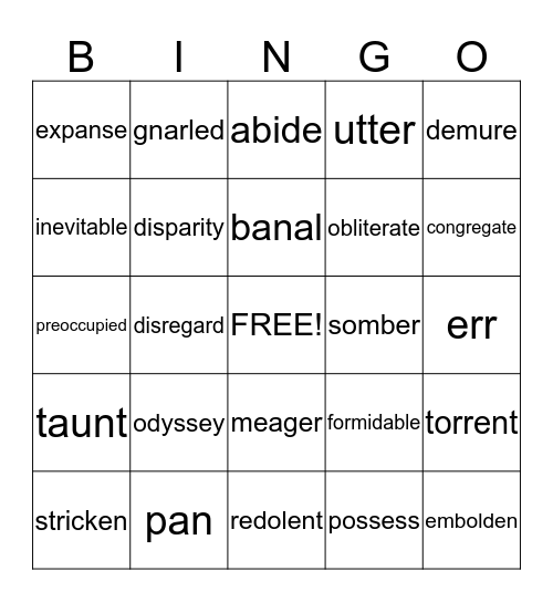 Vocabulary Bingo Card