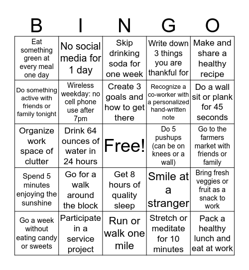 Wellness Bingo- June 2019 Bingo Card