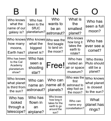 Space Themed Bingo Card