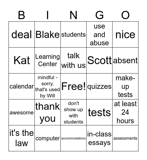 Accommodations Bingo Card