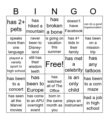 Get to Know You Bingo Card