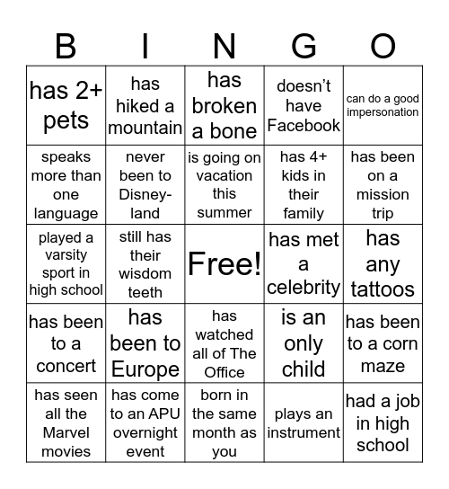 Get to Know You Bingo Card