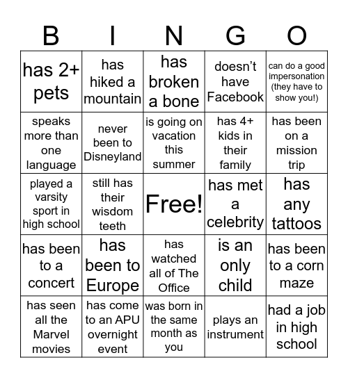 Get to Know You Bingo Card