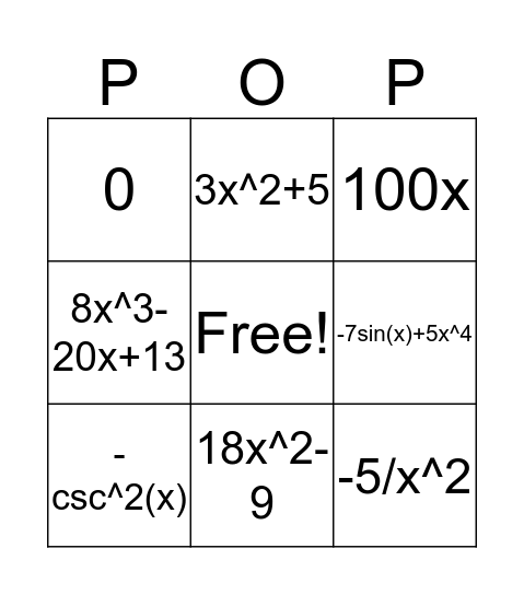 Derivative Bingo Card