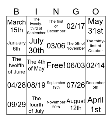 Dates Bingo Card