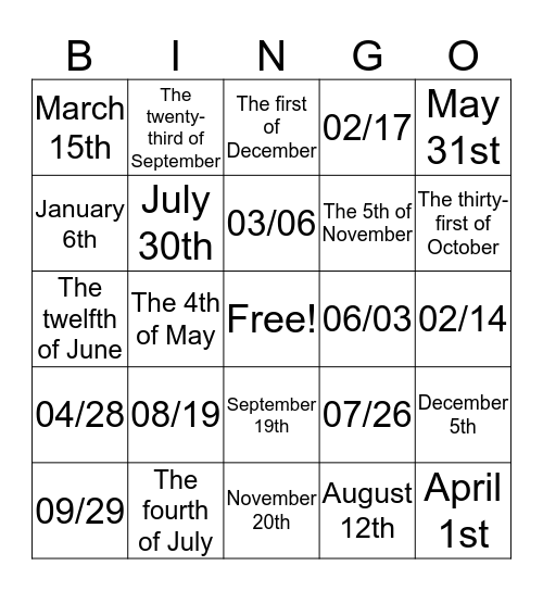 Dates Bingo Card