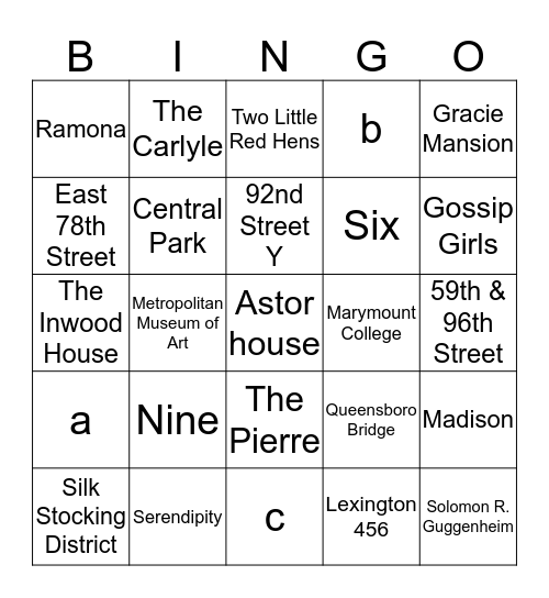 UES BINGO Card