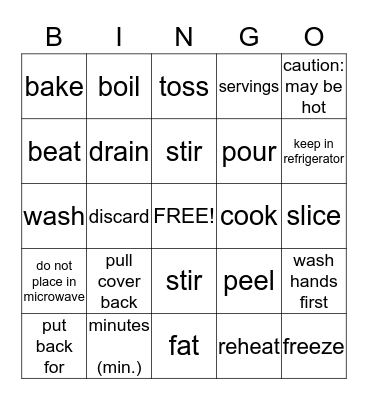 Cooking Words 1 Bingo Card