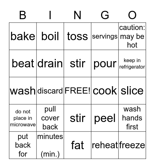 Cooking Words 1 Bingo Card