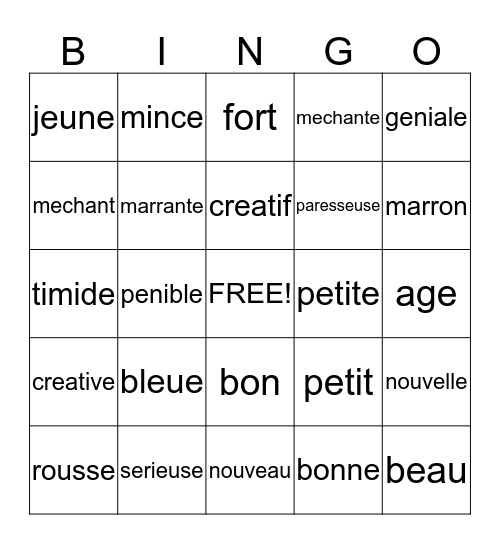 French I Adjectives Bingo Card