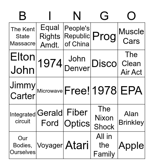 1970s Bingo Card