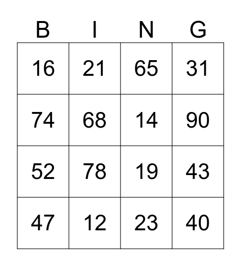 Number Bingo Card